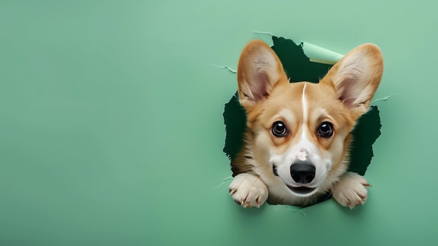 Corgi kijkt door een gat in het papier.