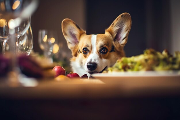 Corgi kijkt naar feestelijke Thanksgiving-dinertafel Grappige huisdieren en voedsellevensstijl