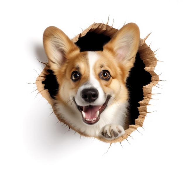 corgi looking up in paper side torn hole isolated AI Generative