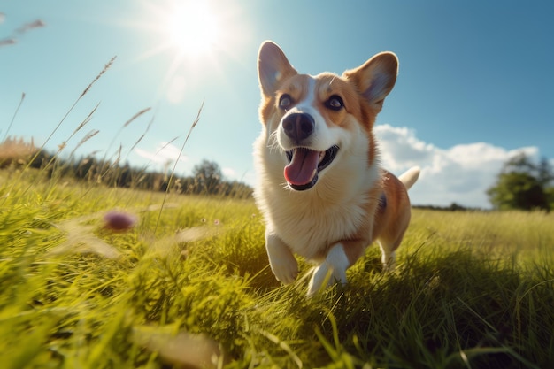 Corgi loopt zonnige dag Groene natuur Genereer Ai