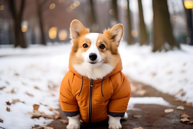 오렌지색 겨울 재 을 입은 코기 가 저녁 겨울 공원 의 배경 에 있는 길 에 앉아 있다