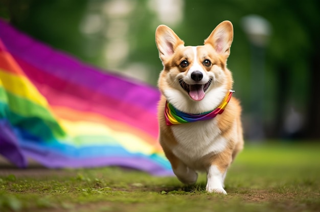 Corgi in the park with an LGBT flag Corgi with rainbow scarf Generative AI