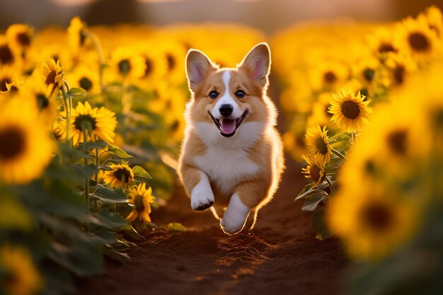 Corgi pembroke enjoying the sunflower field