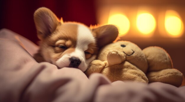 Foto cucciolo di corgi a letto con un giocattolo