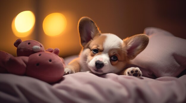 Photo corgi puppy in bed with a toy