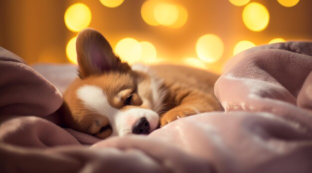 Corgi puppy in bed with a toy