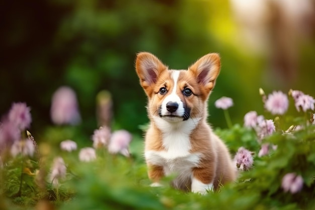 corgi puppy buiten zitten in de zomertuin