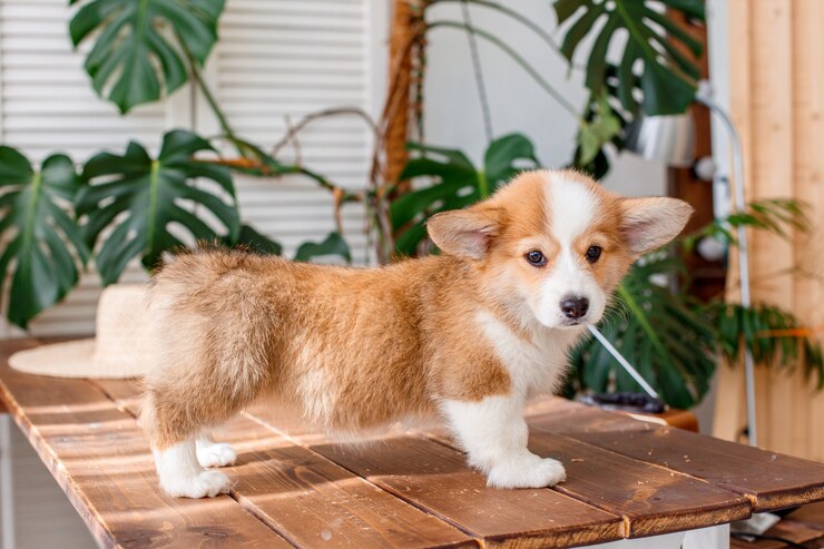 Corgi 강아지는 나무 테이블에