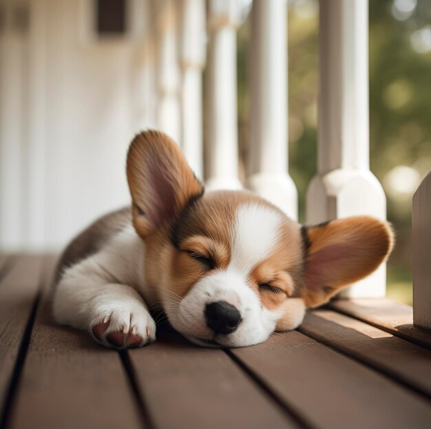 Foto il cucciolo di corgi giace e dorme sulla veranda vicino alla casa