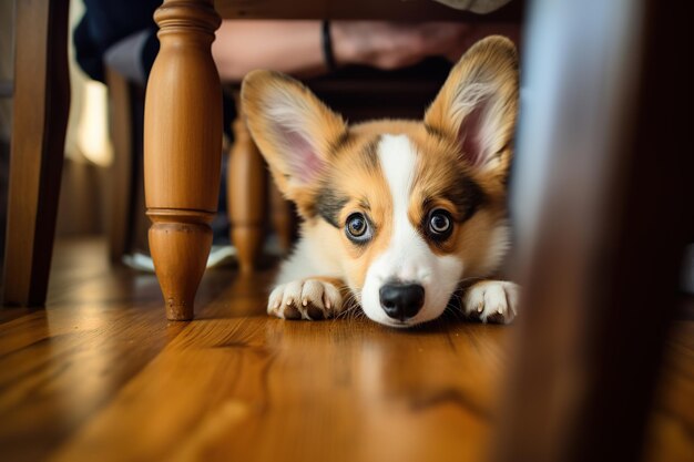 Corgi puppy lying on a wooden dinner table