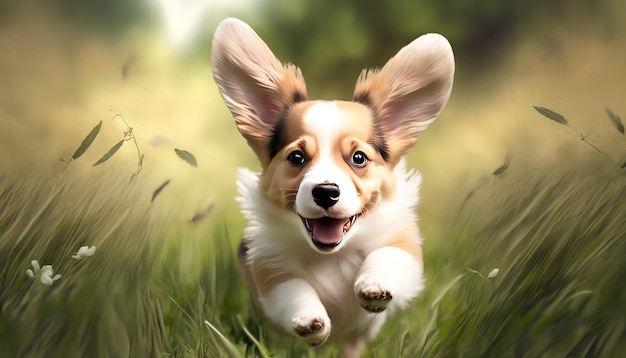 A corgi puppy runs through a field of grass.