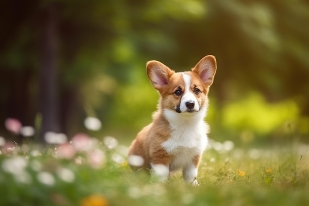 夏の庭で屋外に座っているコーギーの子犬