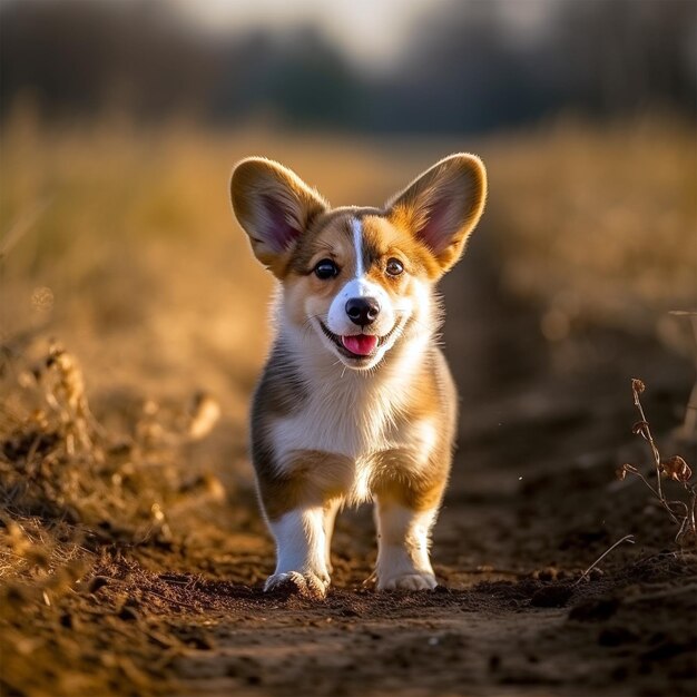 Corgi puppy walking in the field generated by ai