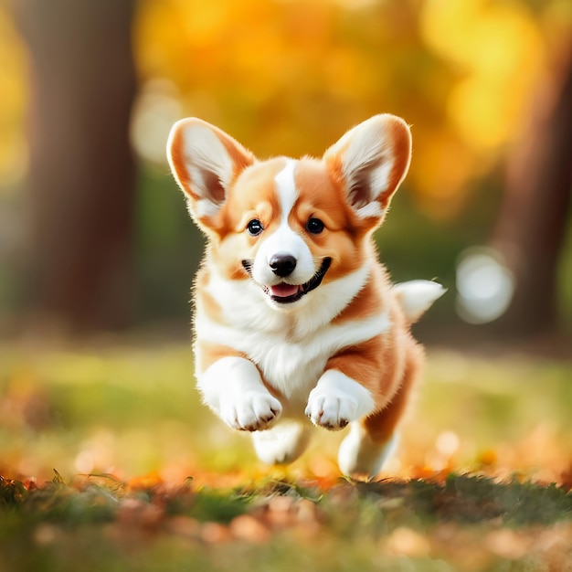 A corgi puppy walks on the lawn