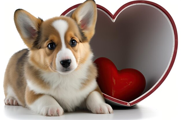 Corgi puppy on a white background with a heart shaped box on Valentine39s Day