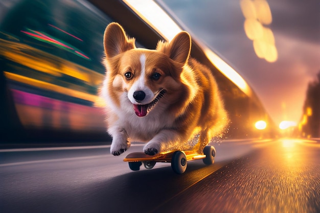Corgi on a skateboard driving at high speed in the middle of the highway between cars Generate AI
