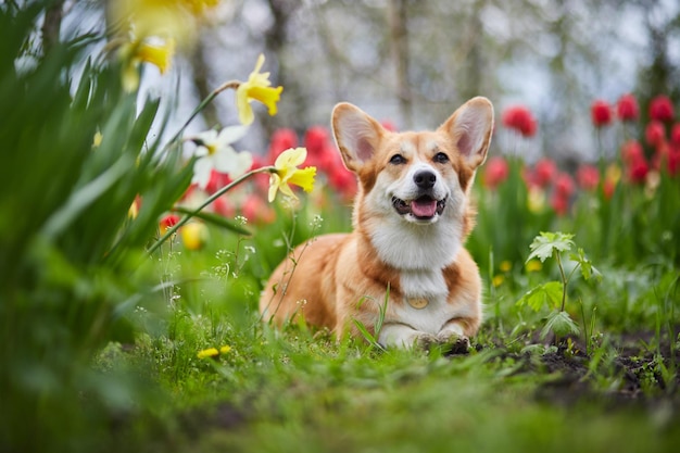 Corgi in spring flowers