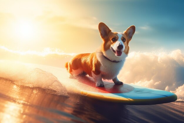 Corgi surfplank zonsondergang Genereer Ai