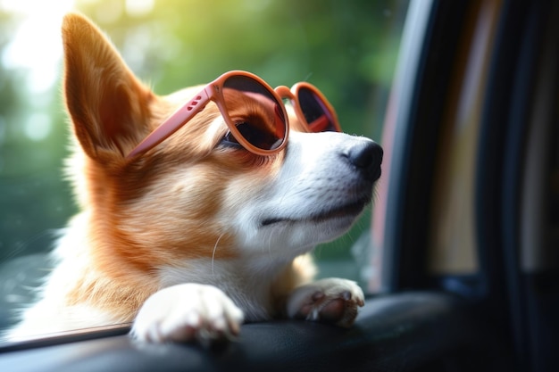 Corgi Wearing Sunglasses in Vehicle