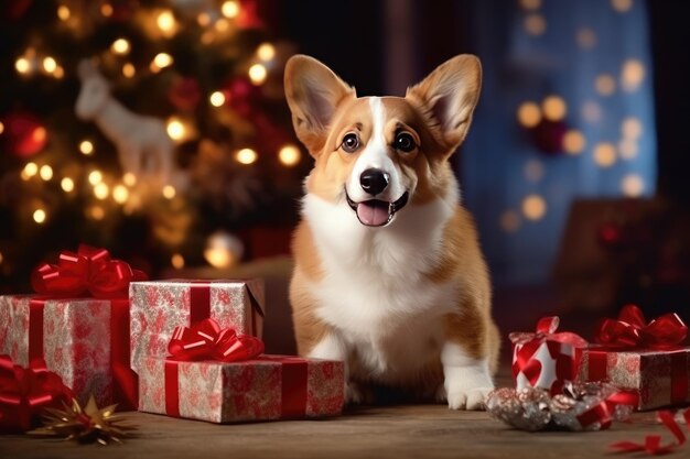 写真 クリスマスプレゼントとツリーaのコーギー