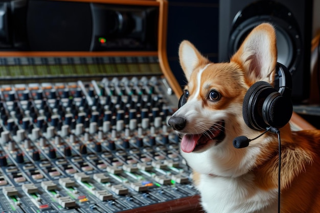 Foto corgi con cuffie per microfono davanti alla scheda di miscelazione del suono