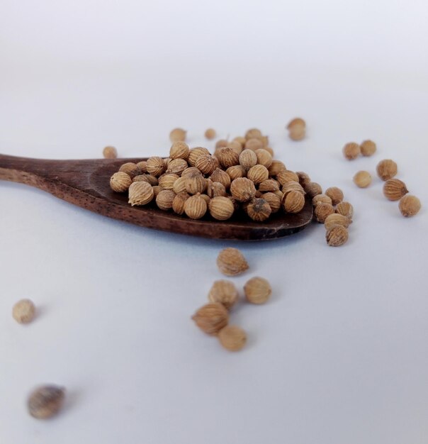 coriander grains on a wooden spoon on a white background