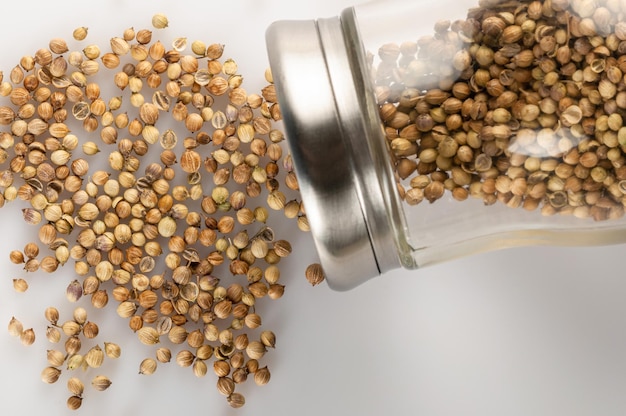 Foto i semi di coriandolo sono in un barattolo di spezie i semi di coriandolo usati per cucinare spezie da cucina