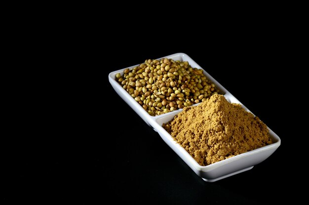 Coriander seeds and Coriander Powder in white plate