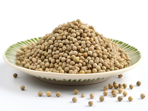 Coriander seeds on a plate with a white background
