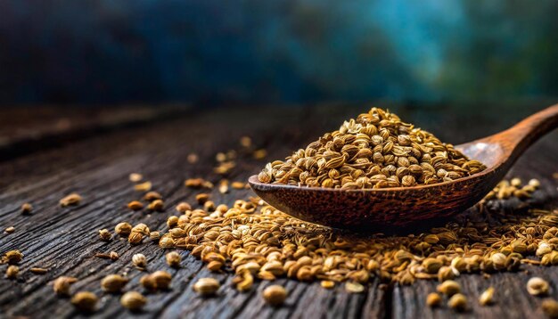 Coriander seeds in a wooden spoon on a wooden table