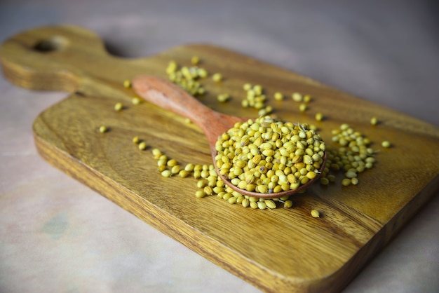 Coriander seeds in a wooden spoon