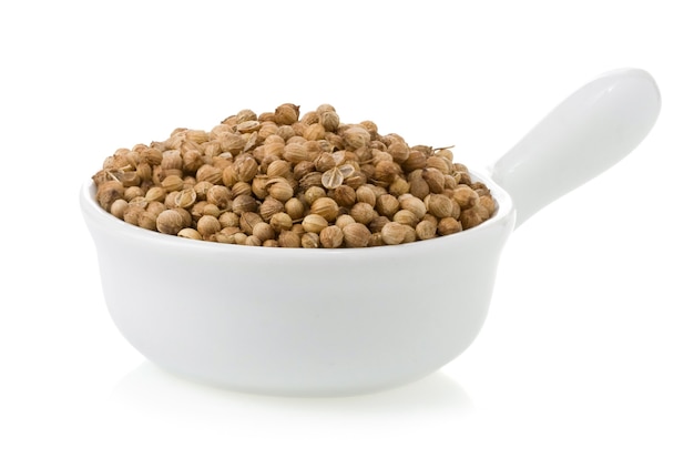 Coriander spices in bowl isolated on white