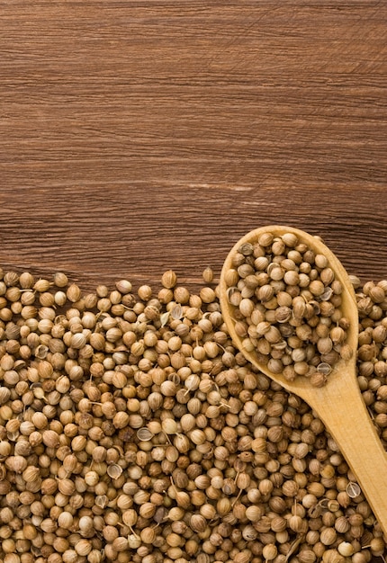 Coriander spices and spoon on wood