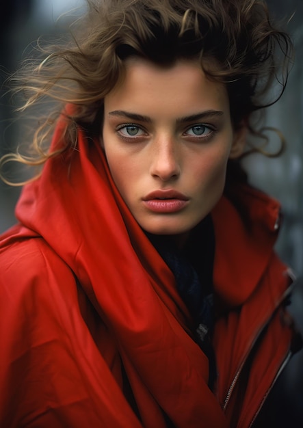 Corinne Day Wearing a Long Red Coat