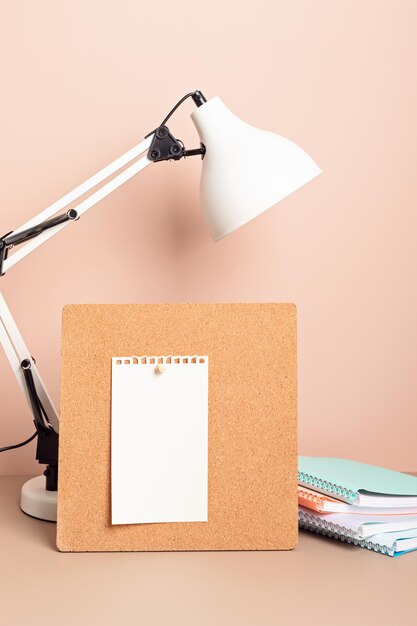 Cork board mockup desktop organizer with school stationary and office supplies