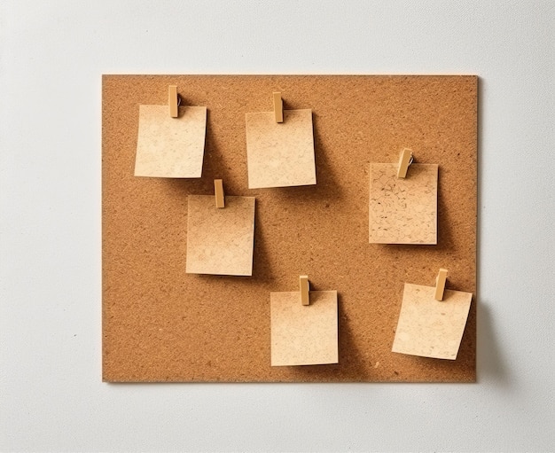 Photo cork board with colored sticky notes or sheets of paper for notes