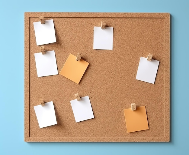 Cork board with colored sticky notes or sheets of paper for notes