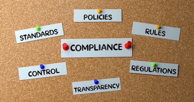 Photo a cork board with papers on it that says compliance and policies.