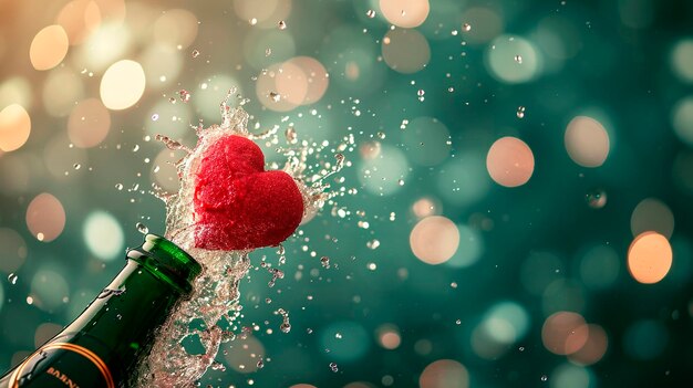 Foto champagne cuore di sughero per il giorno di san valentino focalizzazione selettiva