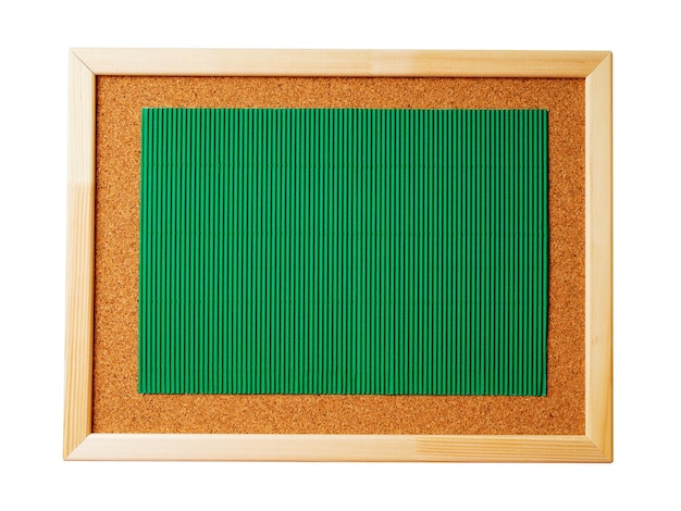 Cork note board with wooden frame with blank green cardboard sheet isolated on white background