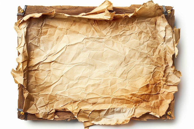 Корковая доска с деревянной рамой с нажатыми булавками пустые разорванные листы записок, изолированные на белом фоне