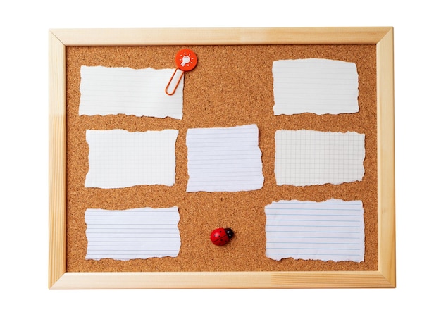 Cork note board with wooden frame with various blank torn note\
sheets isolated on white background