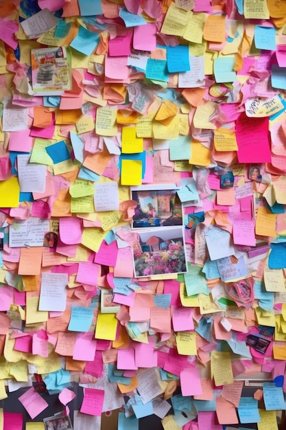 Corkboard filled with colorful sticky notes and reminders created with generative ai