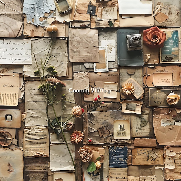 Photo corkboard texture with handwritten notes and postcards eclec creative background decor collection