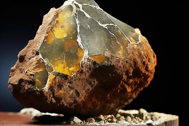 Corkite fossiele minerale steen Geologische kristallijne fossiel Donkere achtergrond close-up