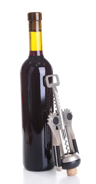 Corkscrew with bottle of wine isolated on white