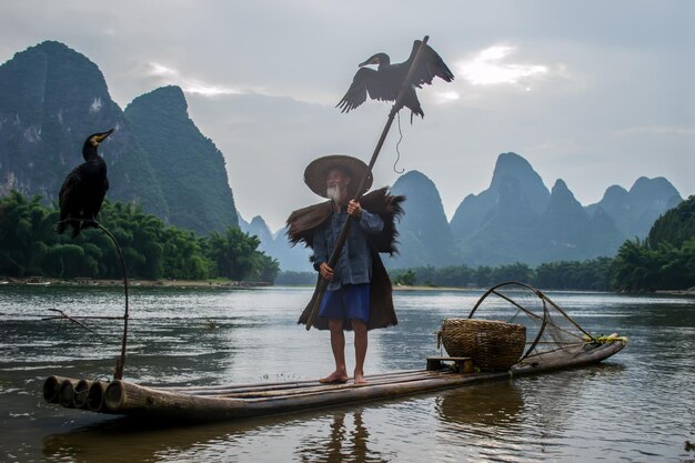 Photo cormorants flying over man standing in boat on river against mountains