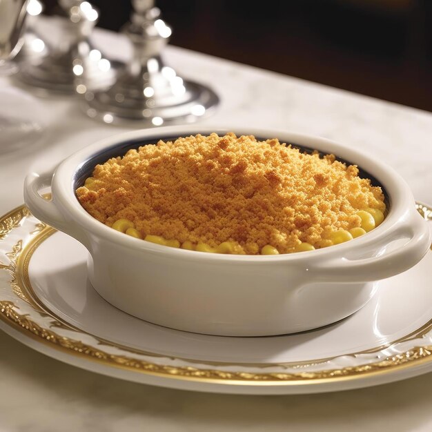 Corn casserole in a white bowl on a white marble table