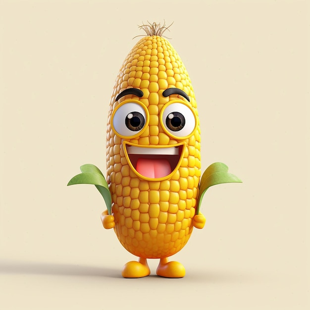 A corn character with a smile on his face and a yellow background.