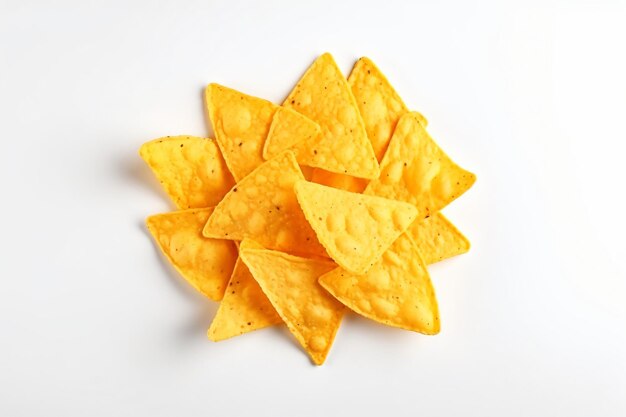 Corn chips of triangular shape levitate on a white background Generative AI